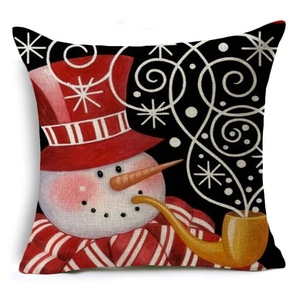 Detailed view of linen Christmas pillow cover with snowman illustration and fabric texture