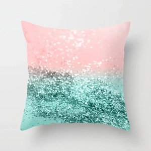 Detail of modern Nordic square pillowcase with pink and turquoise gradient glitter pattern
