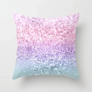Macro detail of Nordic polyester pillowcase with gradient pink purple blue glitter texture