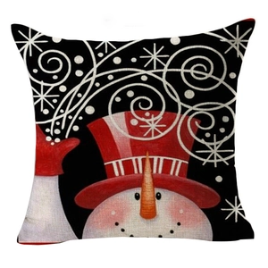 Square snowman linen throw pillow cover with red striped hat and Christmas snowflakes