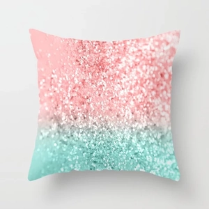 Detail of square polyester pillowcase with pink and mint green gradient sequin pattern