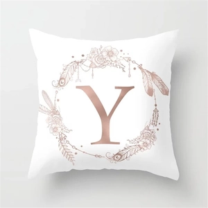 Modern peach skin pillowcase with rose gold letter Y and floral wreath design