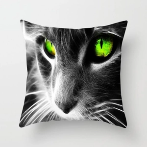 Realistic cat face square pillow cover with vivid green eyes and high contrast black and white design
