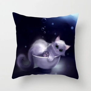 Detail of square pillowcase featuring a cute white kitten in a purple bowl with bubbles