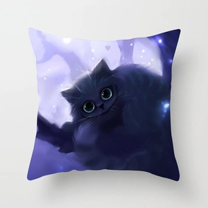 Detail of soft peach skin pillowcase featuring a fantasy purple cat with glowing blue eyes