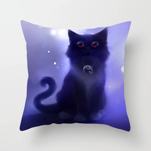 Detail of artistic black cat print on soft peach skin fabric square pillowcase