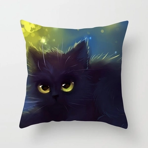 Close-up of black cat illustration with golden eyes on a velvet texture pillow cover