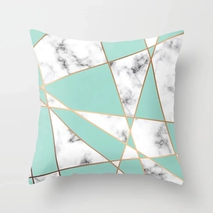 Detailed view of pink marble and mint green geometric pattern on plush pillowcase cover