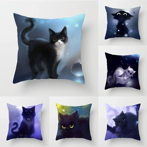 Multiple artistic cat illustrations on square peach skin pillowcases with vibrant colors