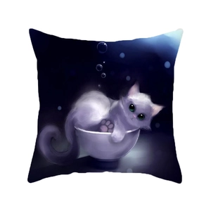 Square pillowcase featuring a cute white cat illustration on a deep blue artistic background