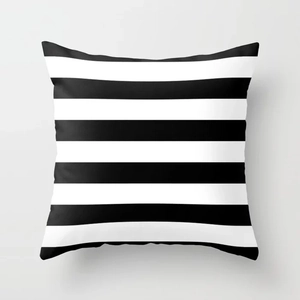 Detail view of modern black and white horizontal striped square cushion cover with soft texture