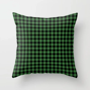 Close-up of green and black buffalo plaid linen pillowcase with high-quality fabric texture