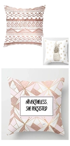 Detail view of pink geometric and gold pineapple pattern decorative pillowcases
