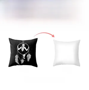 Detail of Nordic cushion cover showing black feather dreamcatcher print and white back