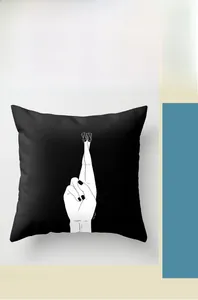 Detail of Nordic black and white cartoon art print on minimalist square velvet cushion cover