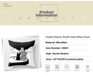 Detail view of 45x45CM Nordic short plush pillowcase with black and white couple illustration