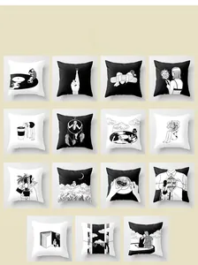 Detailed grid of Nordic minimalist black and white cartoon art portrait cushion covers