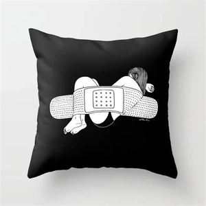 Minimalist black square pillow cover featuring white line art cartoon portrait illustration