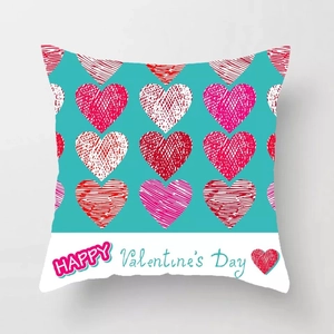 Close-up of peach skin heart pattern pillowcase with Happy Valentine's Day text