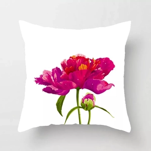 Detail shot of blooming purple peony floral print on white square peach skin pillowcase