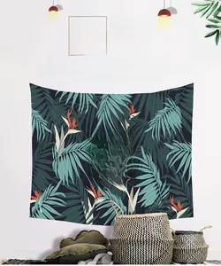 Tropical tapestry with green leaves and red bird of paradise flower for wall decor