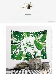 Detail of Nordic tapestry with tropical green leaves and Hello Summer art text