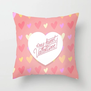 Detail of peach skin pillowcase with heart pattern and My Sweet Valentine text