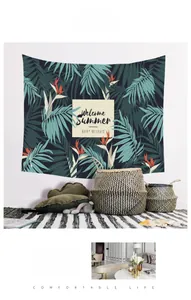 Detailed view of Nordic tropical palm leaf tapestry featuring Welcome Summer typography