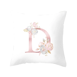 Modern minimalist white square pillowcase with pink floral letter D and rose patterns
