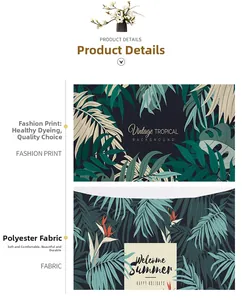 Detail of soft polyester tropical leaf tapestry with vibrant Welcome Summer floral print