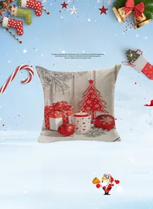 Detailed Christmas pillow case featuring red holiday patterns on linen-like fabric texture