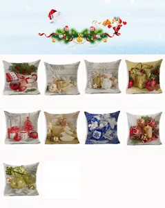 Detailed grid view of nine festive linen Christmas pillow covers with assorted holiday prints