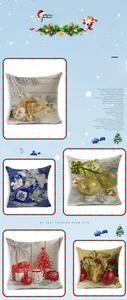 Detail view of five linen Christmas pillow covers with festive tree and gift box patterns