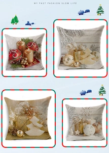 Detail view of four Christmas linen pillowcases with festive red and gold holiday prints