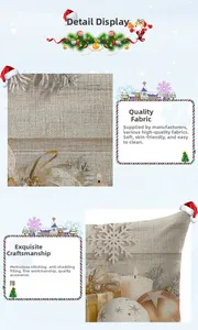 Detailed macro view of linen Christmas pillowcase with snowflake and candle festive print