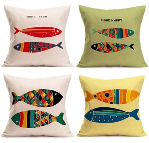 Set of four linen pillow covers featuring colorful hand-drawn Nordic fish and geometric patterns
