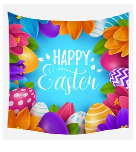 Detail eines Happy Easter Wandteppichs mit bunten Eiern und lebhaftem Blumendesign