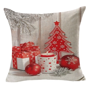 Square linen Christmas pillow cover with festive tree, gift boxes and pine on wood pattern