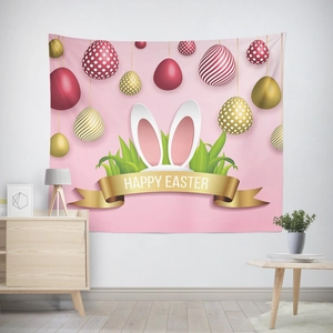Rosa Ostern Wandteppich mit bunten Eiern und Happy Easter Schriftzug für Deko