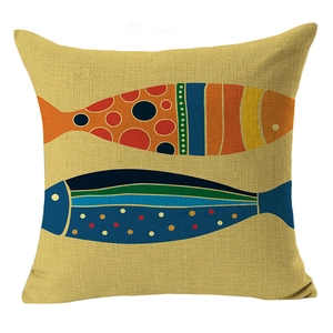 Nordic style linen pillow cover with hand-drawn colorful fish pattern in square shape