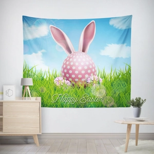 Oster-Wandteppich mit rosa gepunktetem Hasen-Ei und Happy Easter Text für Deko