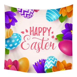 Minimalistischer Oster-Wandteppich mit Happy Easter Schriftzug, bunten Eiern und Frühlingsblumen