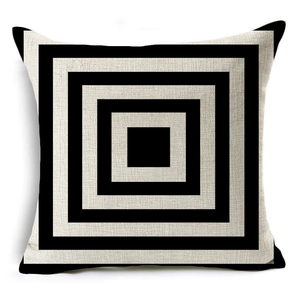 Detail shot of black geometric square patterns on beige linen throw pillow case fabric
