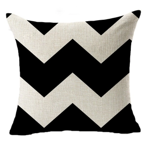 Square black and white geometric wave pattern linen pillowcase with herringbone texture