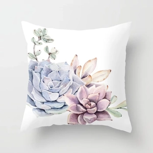 Close-up of square polyester pillowcase with watercolor succulent plants in pastel colors