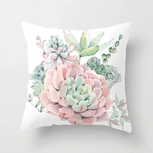 Detailed view of watercolor succulent plant pattern on white square polyester pillow cover