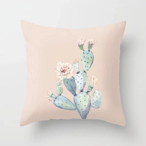 Close-up of square polyester pillowcase with watercolor cactus and pink floral art