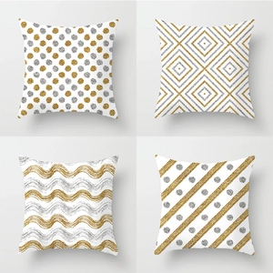 Golden geometric stripe and wave pattern square peach skin velvet pillow covers set