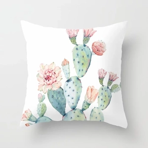 White square cushion cover featuring watercolor cactus plants and pink flowers design