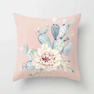 Close-up of pink polyester pillowcase featuring watercolor cactus and floral prints